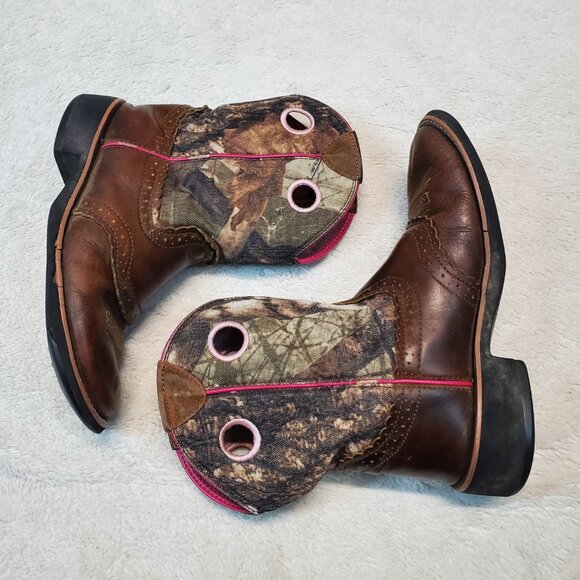 Ariat Brown Tan Leather‎ Pink Camo Rodeo Boho Festival Cowgirl Western Boots 7 - Picture 1 of 14